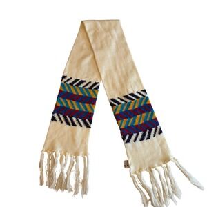 Vintage Betmar Knit Scarf Cream Geometric Chevron Fringe Acrylic Made in Taiwan